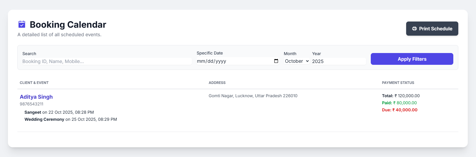 Eventura's booking calendar showing a list of scheduled events