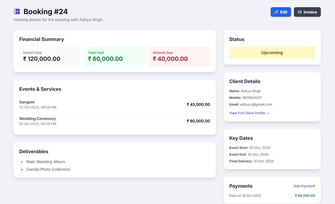 Booking details screen in Eventura with financial summary