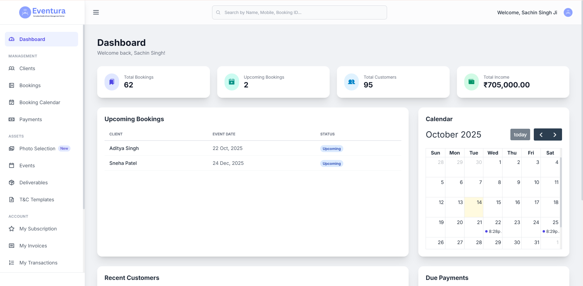 Eventura software dashboard showing bookings, income, and calendar