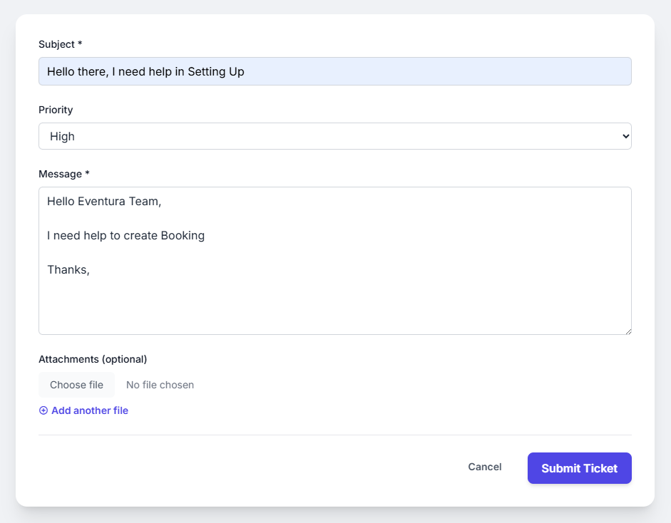 Eventura support ticket form for getting help